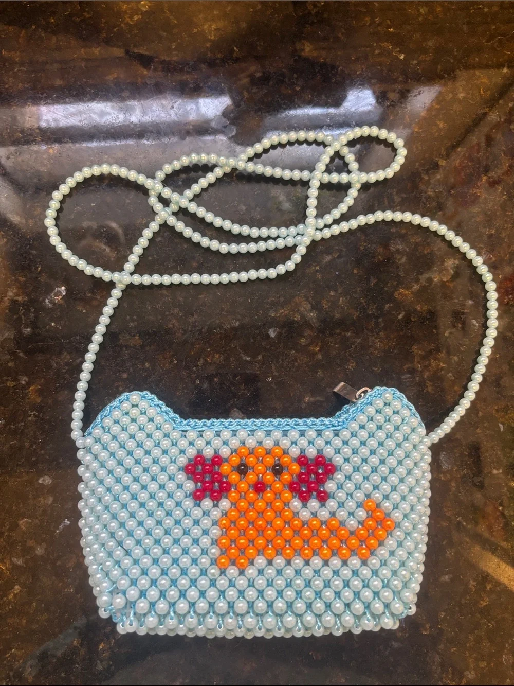 Hand Crafted Light Blue Beaded Purse with Orange & Red Dog Motif